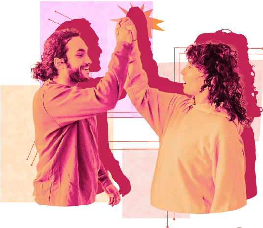 two people facing each other and smiling as they raise their hands for a high-five. The artwork uses a bold pink, orange, and coral color palette, with layered silhouettes and geometric shapes against a black background.