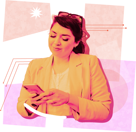 A woman in a yellow blazer looks down at her smartphone, with a bold pink, orange and red geometric shapes